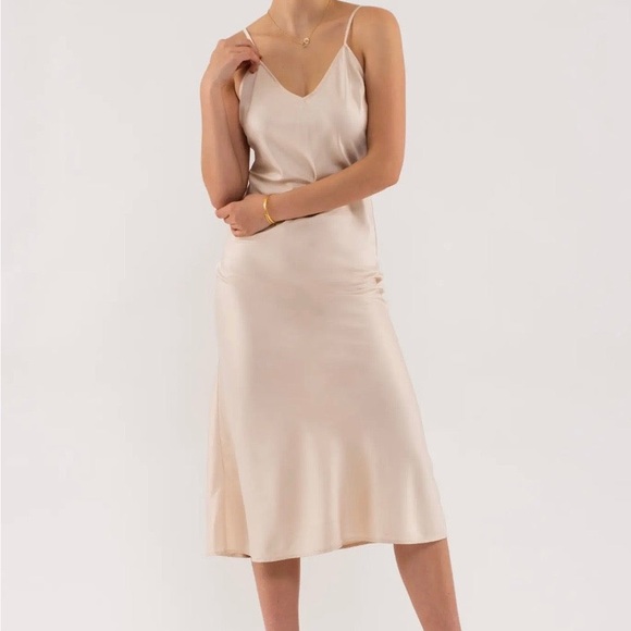 V Neck Slip On Midi Dress - Cream - Picture 1 of 3